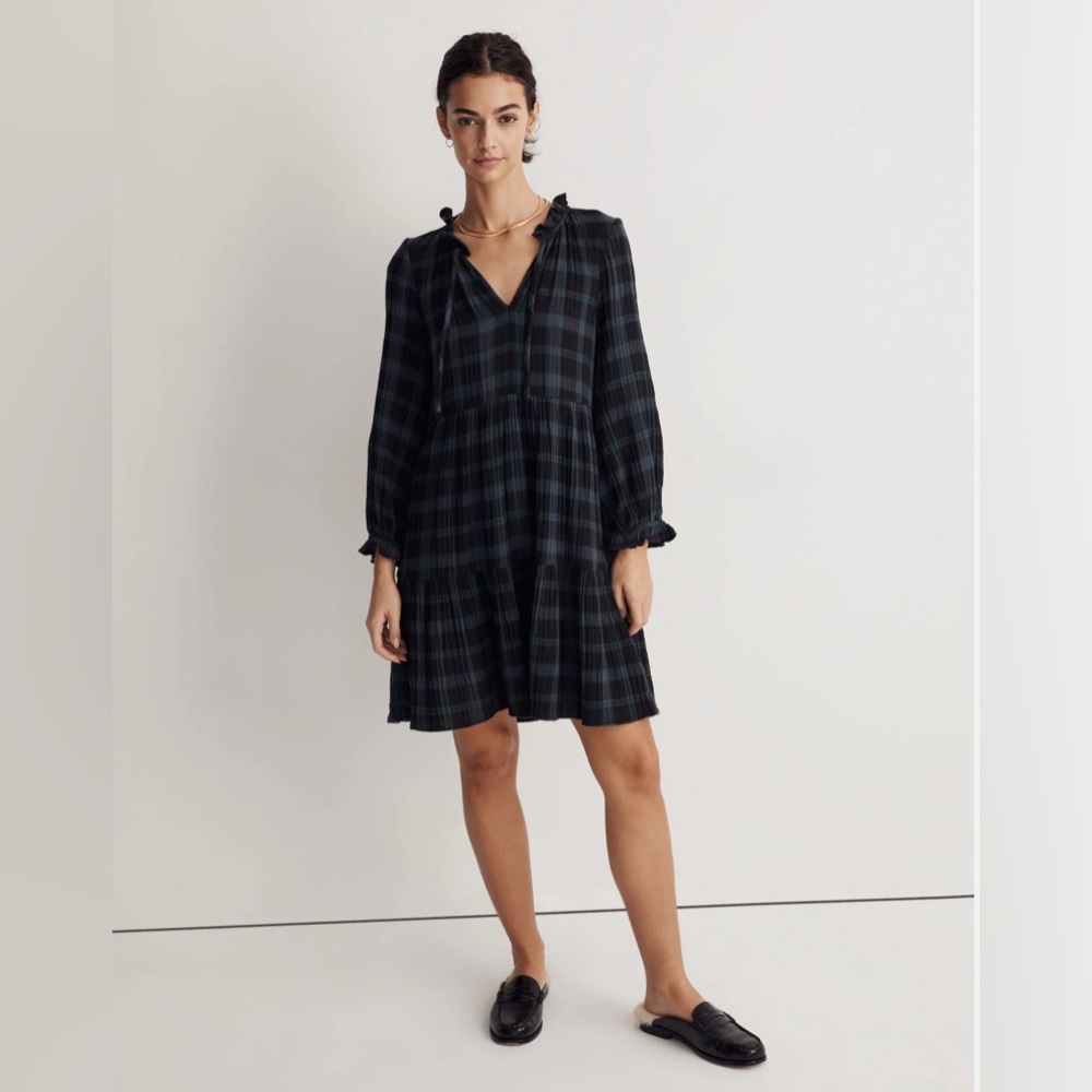 Madewell Tie-Neck Tiered Mini Dress in Plaid
